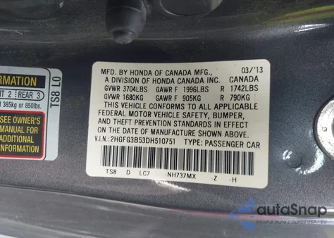 2013 Honda Civic Lx z USA, uszkodzony, nr VIN 2HGFG3B53DH510751